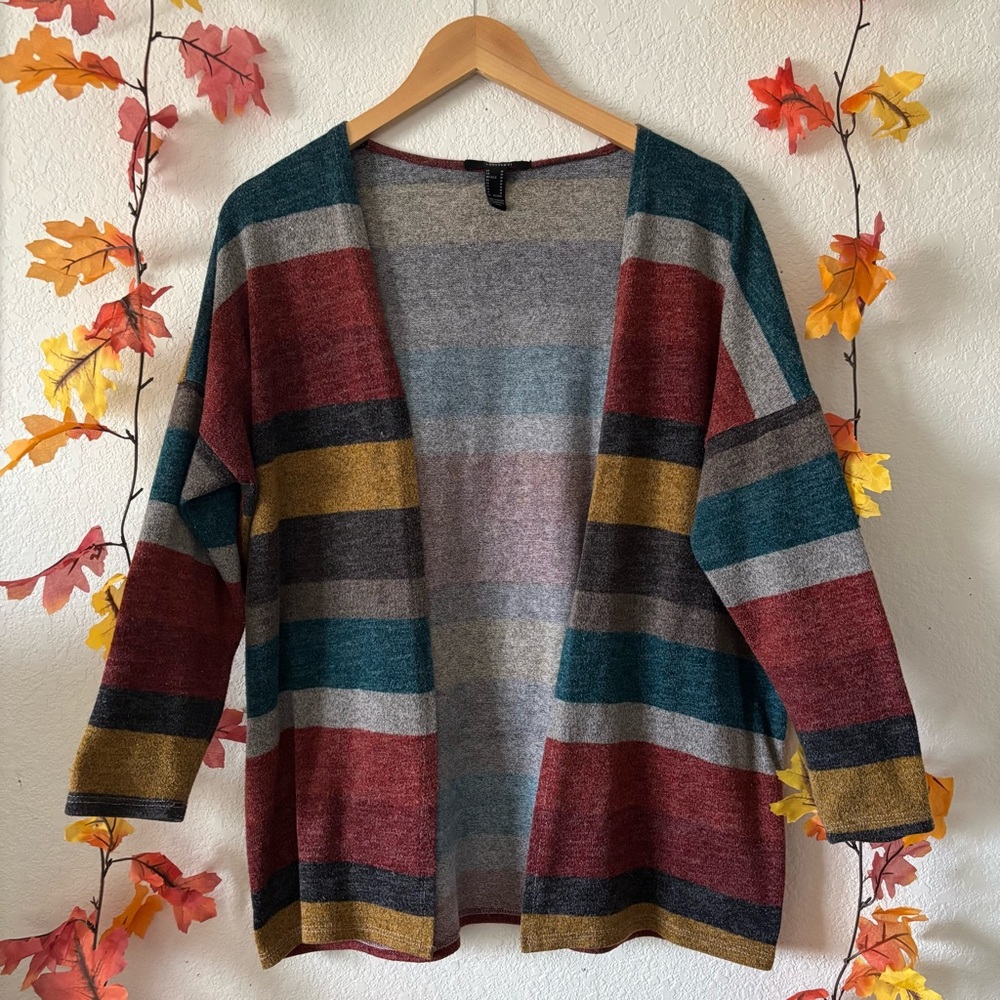 Forever 21 Women’s Multi Striped Color Block Open Front Cardigan Sweater Size M